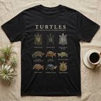 Turtle Species Chart T-Shirt in Black — Watercolour chart of nine named North American turtles under a cream serif Turtles title on charcoal grey
