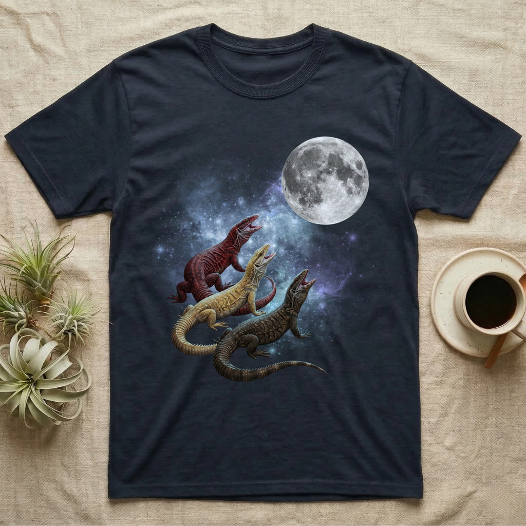 Ackie Monitor Moon Howl T-Shirt in Navy — Three Ackie Monitor colour morphs howling at a full moon over a nebula on a dark grey t-shirt.