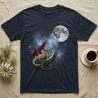 Ackie Monitor Moon Howl T-Shirt in Navy — Three Ackie Monitor colour morphs howling at a full moon over a nebula on a dark grey t-shirt.
