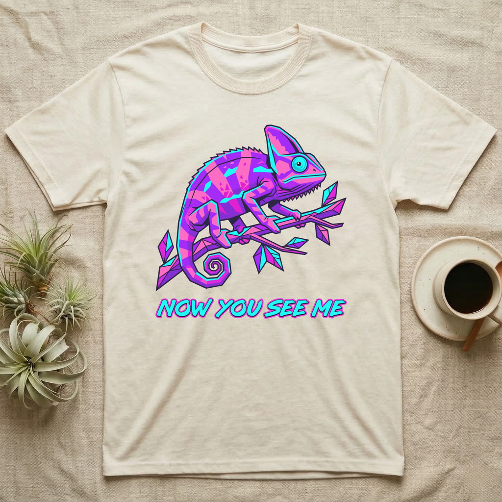 T-shirt with neon chameleon design and text "Now You See Me".
