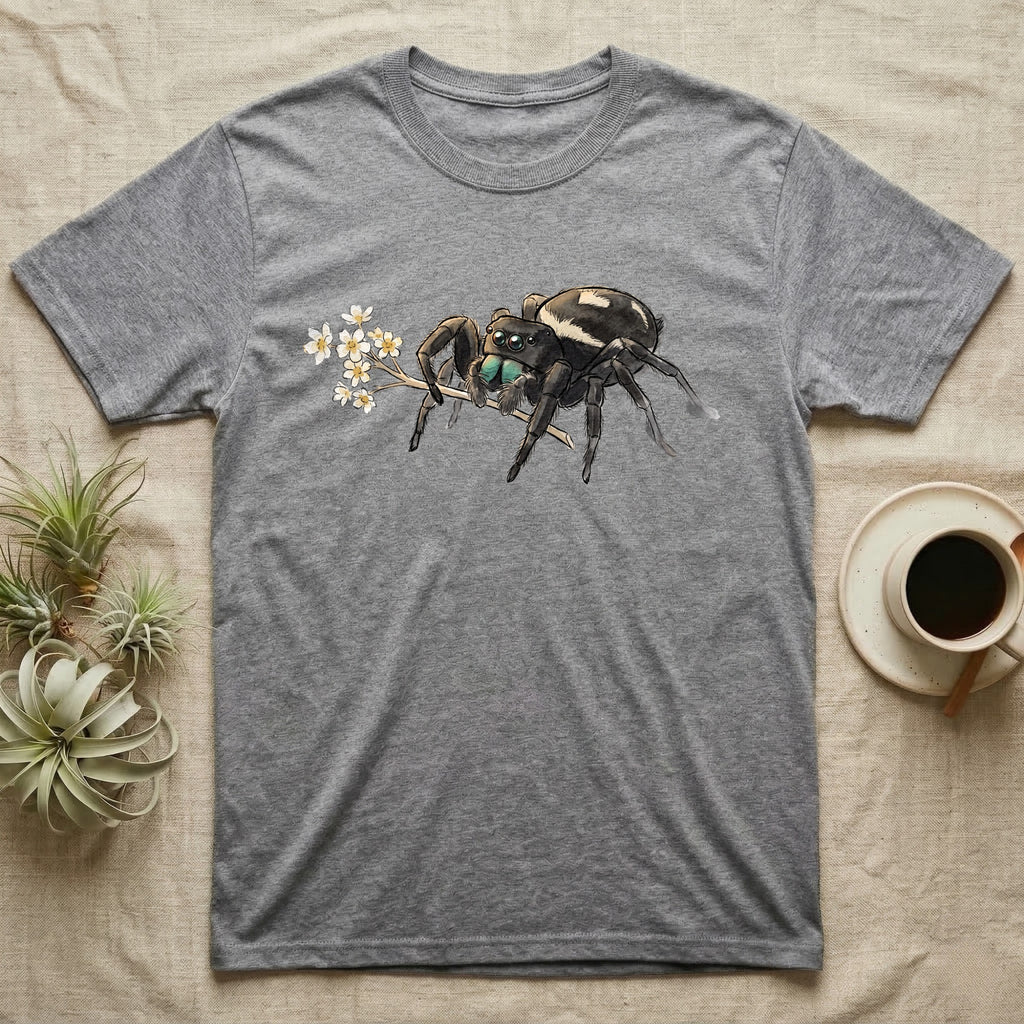 Jumping Spider Blossom T-Shirt in Sport Grey — Watercolor illustration of a black regal jumping spider with iridescent eyes holding a tiny wildflower sprig, on a dark grey t-shirt.