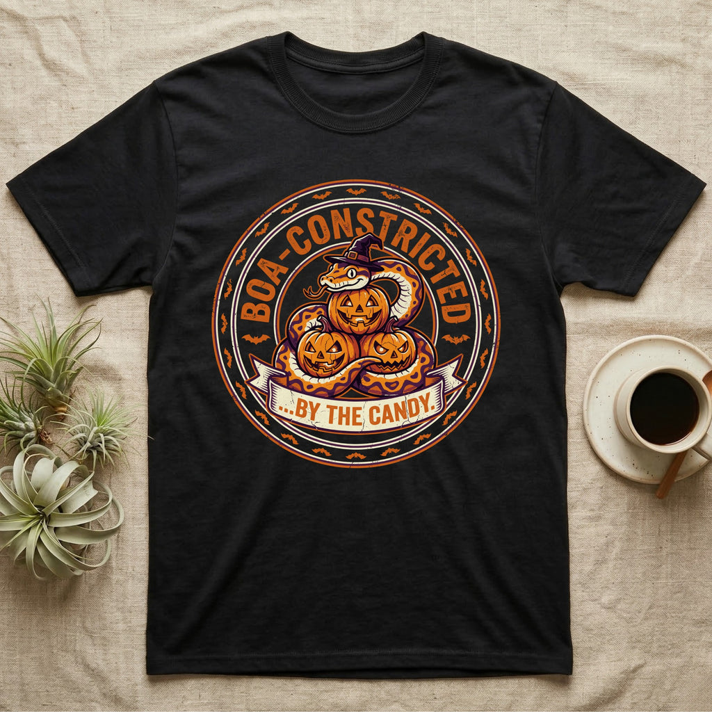 Ball Python Boa-Constricted Candy T-Shirt in Black — Distressed badge of a witch-hatted ball python on three jack-o'-lanterns, "Boa-Constricted by the Candy."