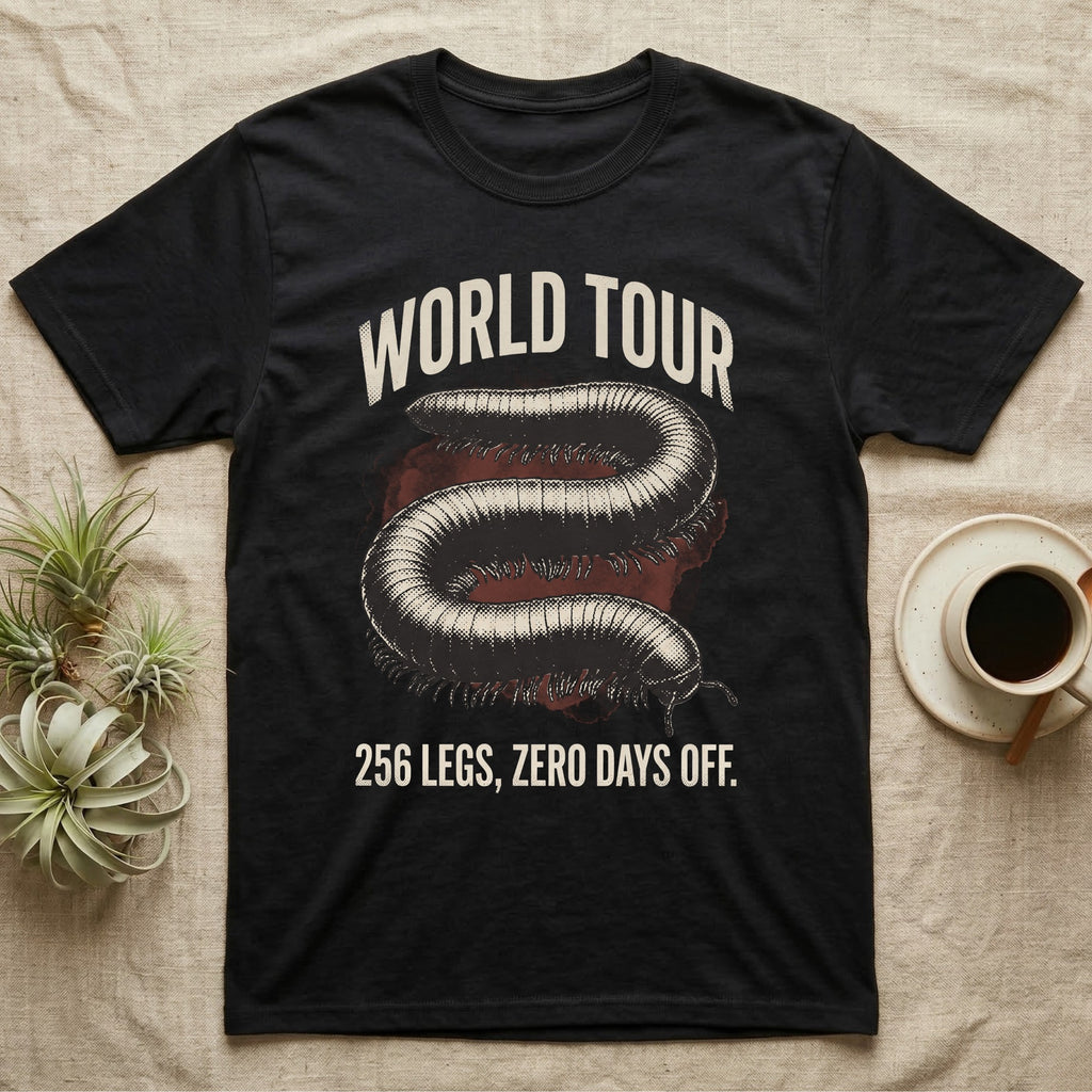 African Millipede World Tour T-Shirt in Black — Bootleg tour-merch halftone illustration of a giant African millipede as the headline act.