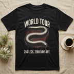 African Millipede World Tour T-Shirt in Black — Bootleg tour-merch halftone illustration of a giant African millipede as the headline act.