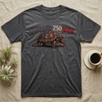 Snapping Turtle 250 T-Shirt in Dark Heather — Gritty woodcut alligator snapping turtle with a flag-etched shell on a 250 coin under text Shelled 250 Years.
