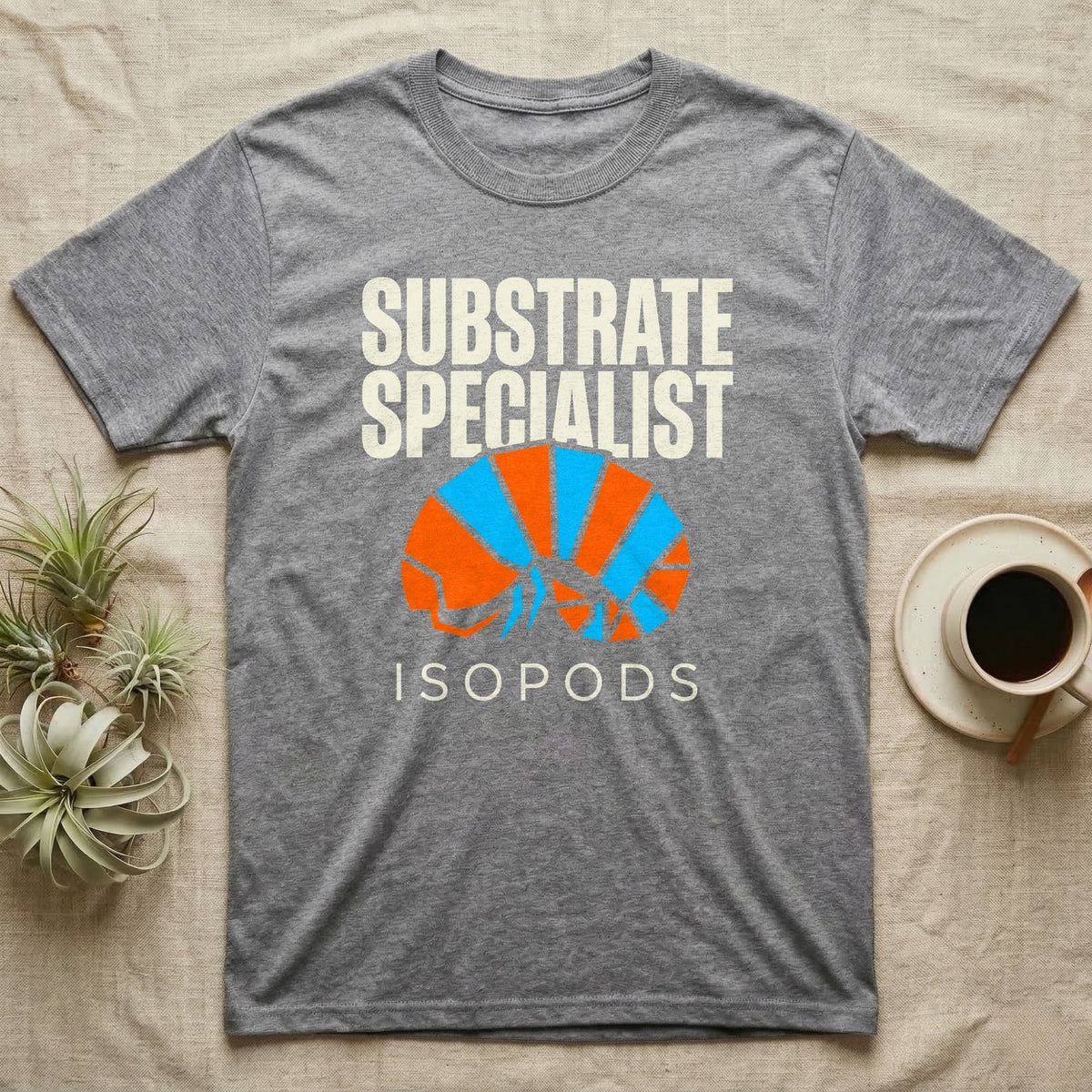 Isopod Substrate Specialist T-Shirt in Sport Grey — Geometric orange and blue rolled isopod between bold "Substrate Specialist" and "Isopods" lettering.