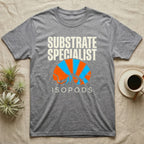 Isopod Substrate Specialist T-Shirt in Sport Grey — Geometric orange and blue rolled isopod between bold "Substrate Specialist" and "Isopods" lettering.