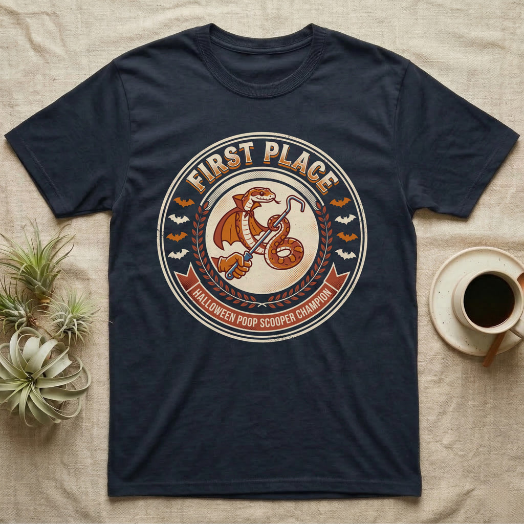 Corn Snake Poop Scooper Champion T-Shirt in Navy — Vintage award badge with a caped corn snake holding a scoop hook, "First Place Halloween Poop Scooper Champion."
