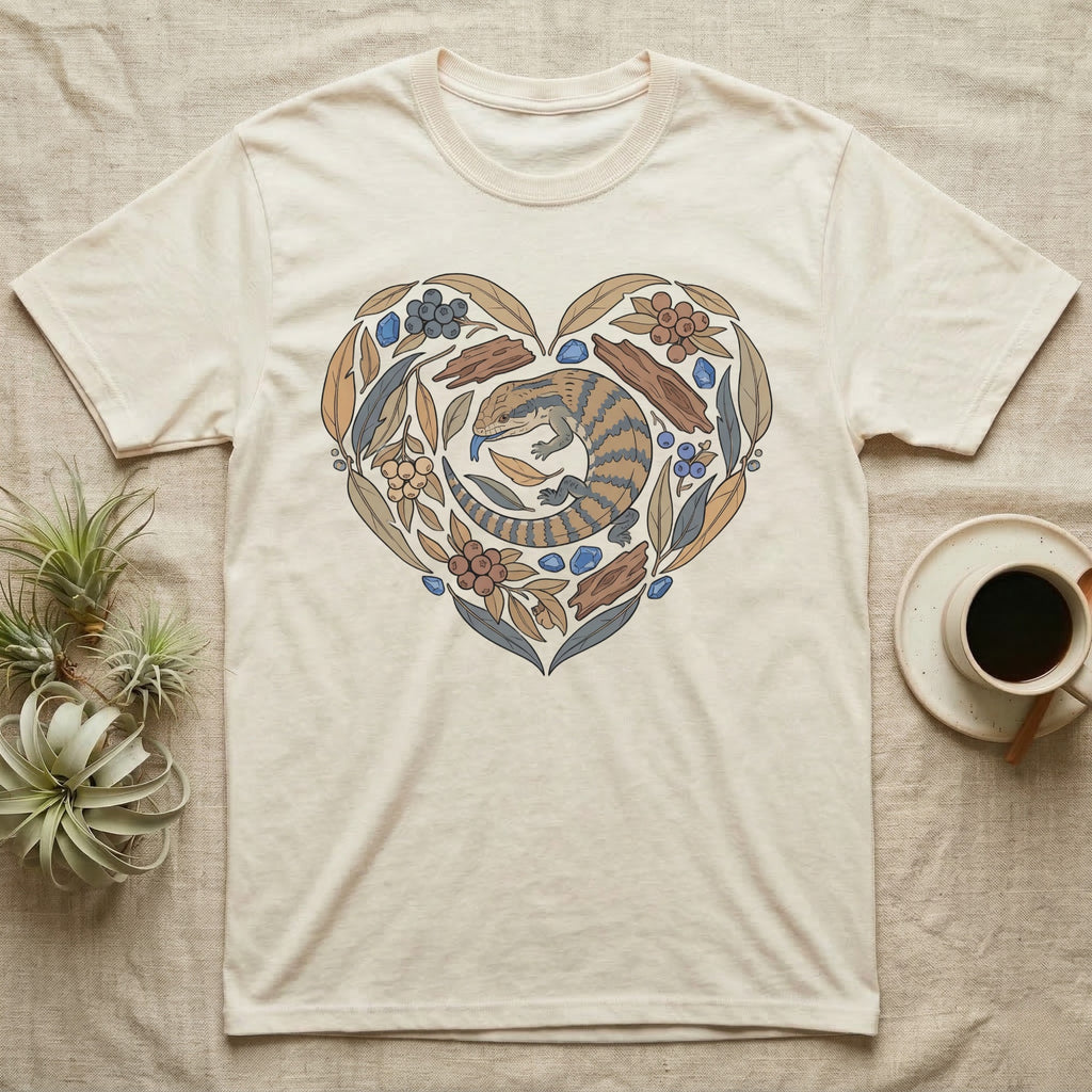 T-shirt with a heart-shaped lizard and floral design.