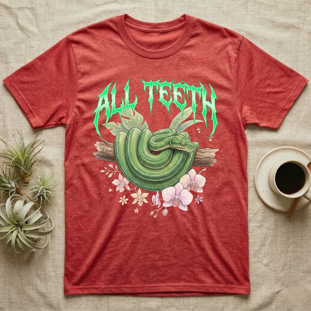 Emerald Tree Boa Feral T-Shirt in Heather Red — Coiled emerald tree boa on a branch below a dripping emerald-green metal "All Teeth" wordmark