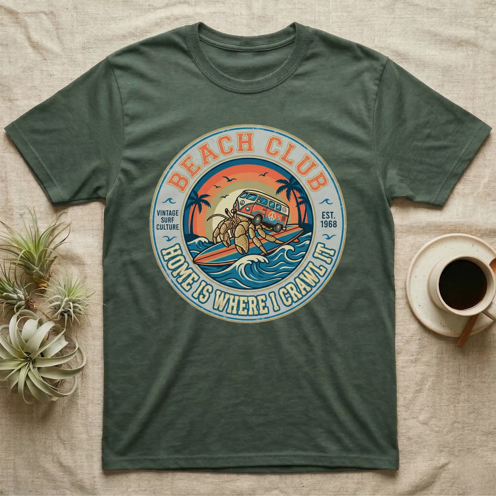 Green t-shirt with Beach Club surf culture graphic, featuring a van on waves.