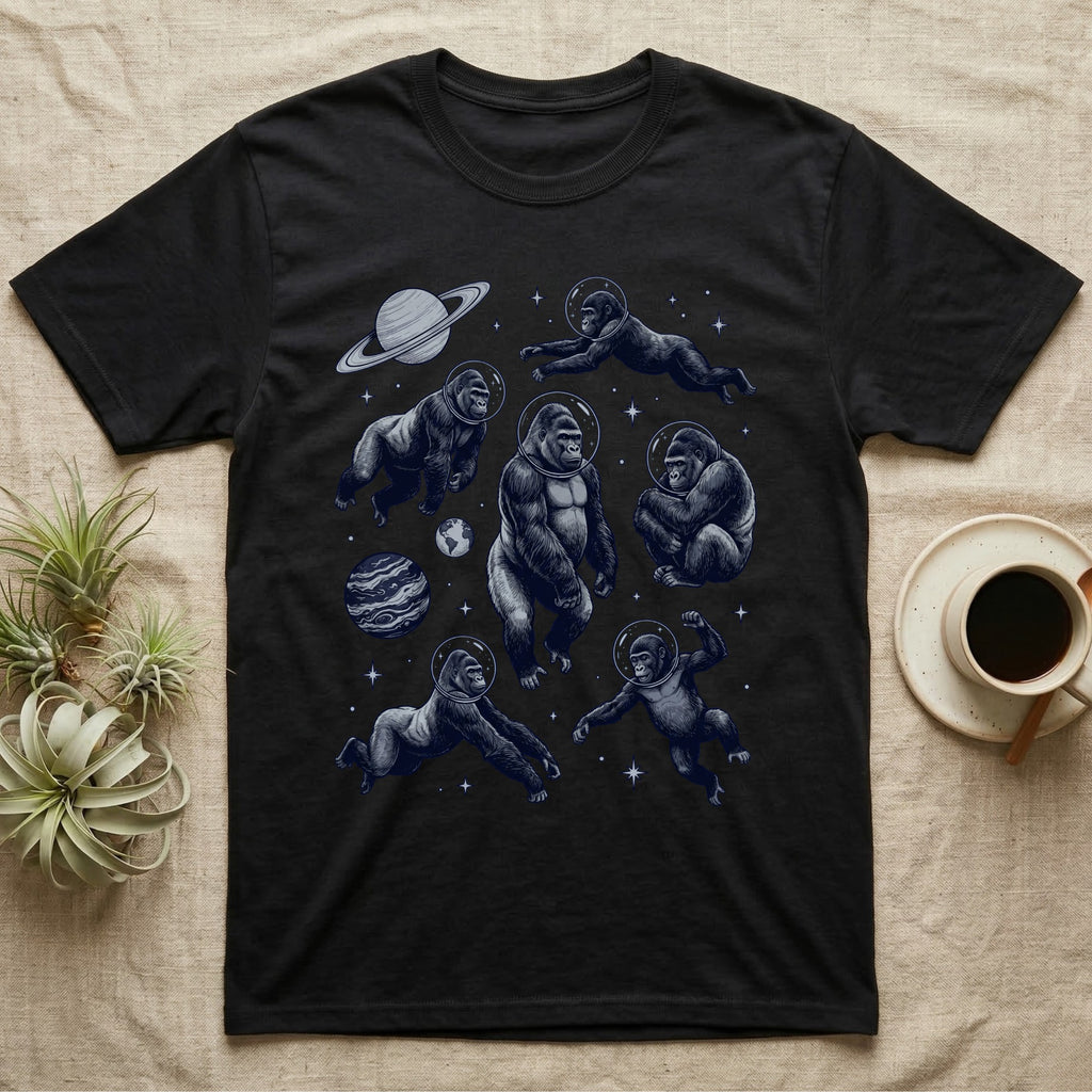 Black t-shirt with a pattern of gorillas in astronaut suits among planets and stars.