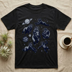 Black t-shirt with a pattern of gorillas in astronaut suits among planets and stars.