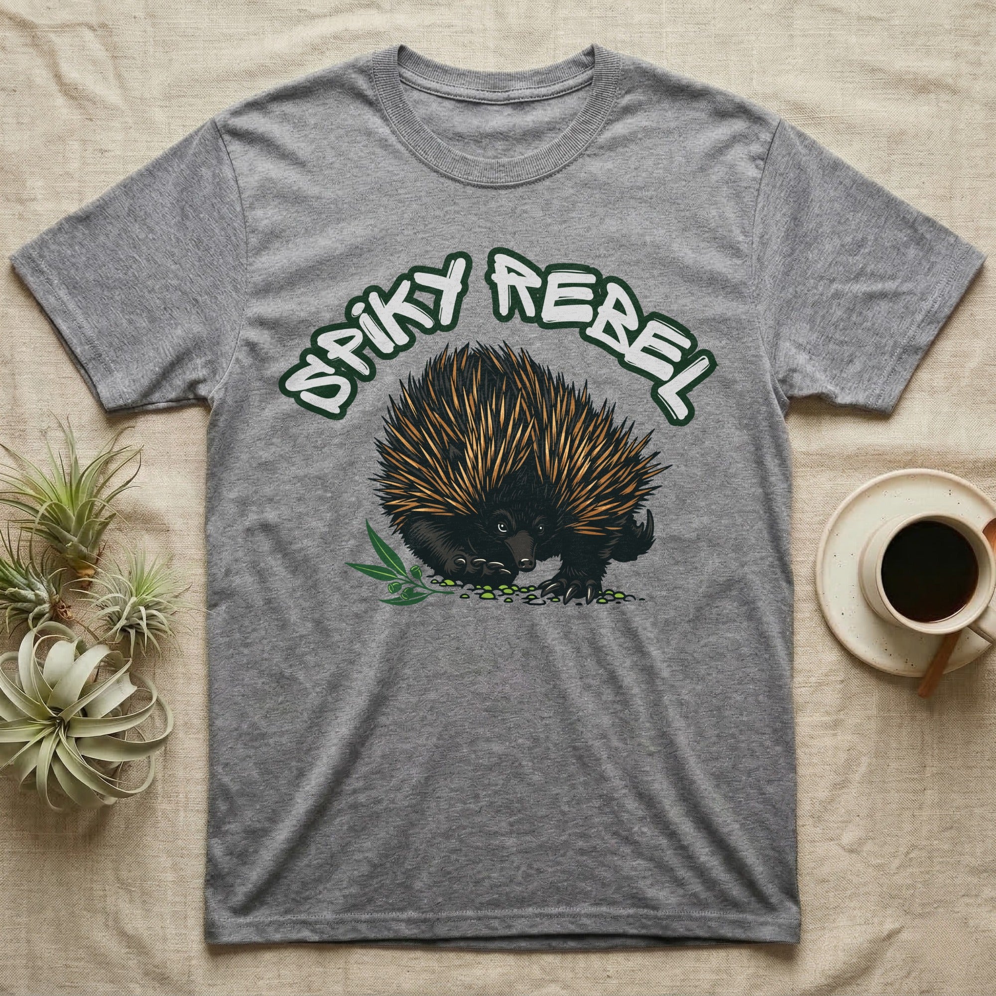 Grey t-shirt with Spiky Rebel echidna graphic and green text.