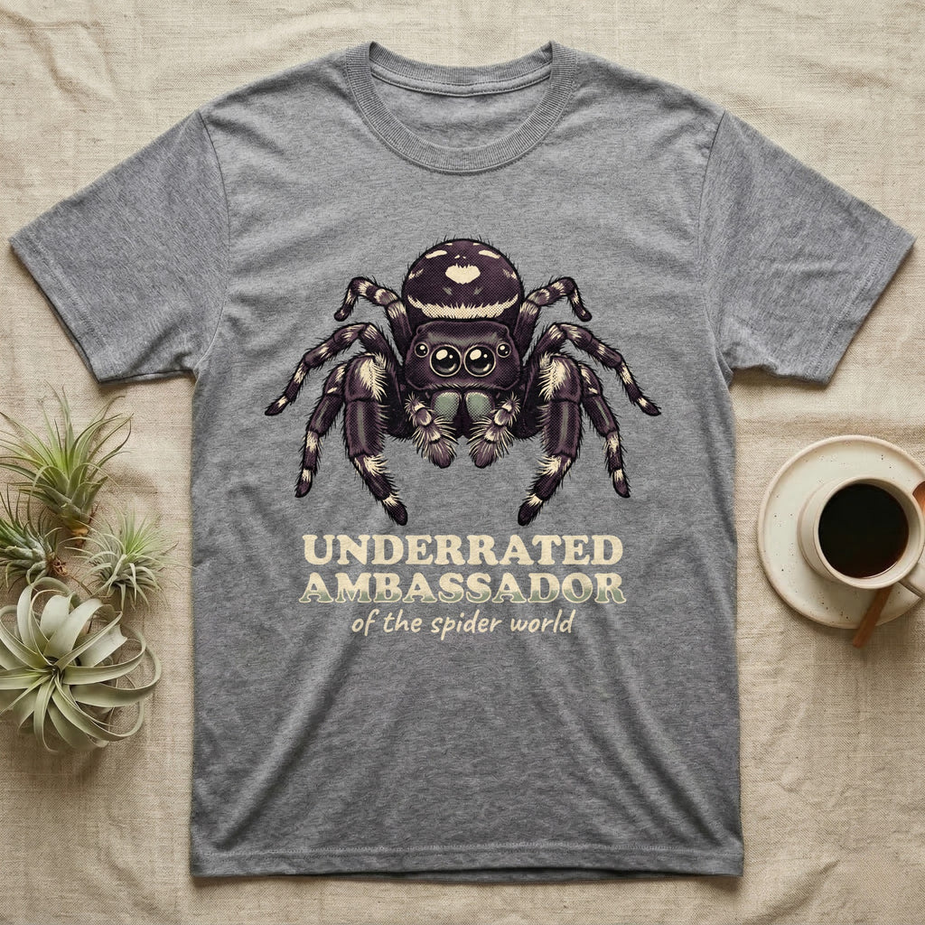 Underrated Ambassador Spider T-Shirt in Sport Grey — Soft creepy-cute portrait of a big-eyed jumping spider with hand-lettered text reading Underrated Ambassador of the Spider World.