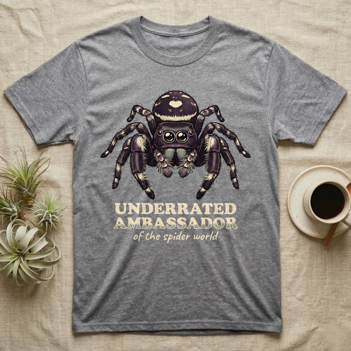Underrated Ambassador Spider T-Shirt in Sport Grey — Soft creepy-cute portrait of a big-eyed jumping spider with hand-lettered text reading Underrated Ambassador of the Spider World.