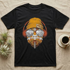 Chameleon Chill Vibes T-Shirt in Black — Engraved chameleon with patterned orange skin in a beanie and headphones, aviators reflecting a jungle canopy.