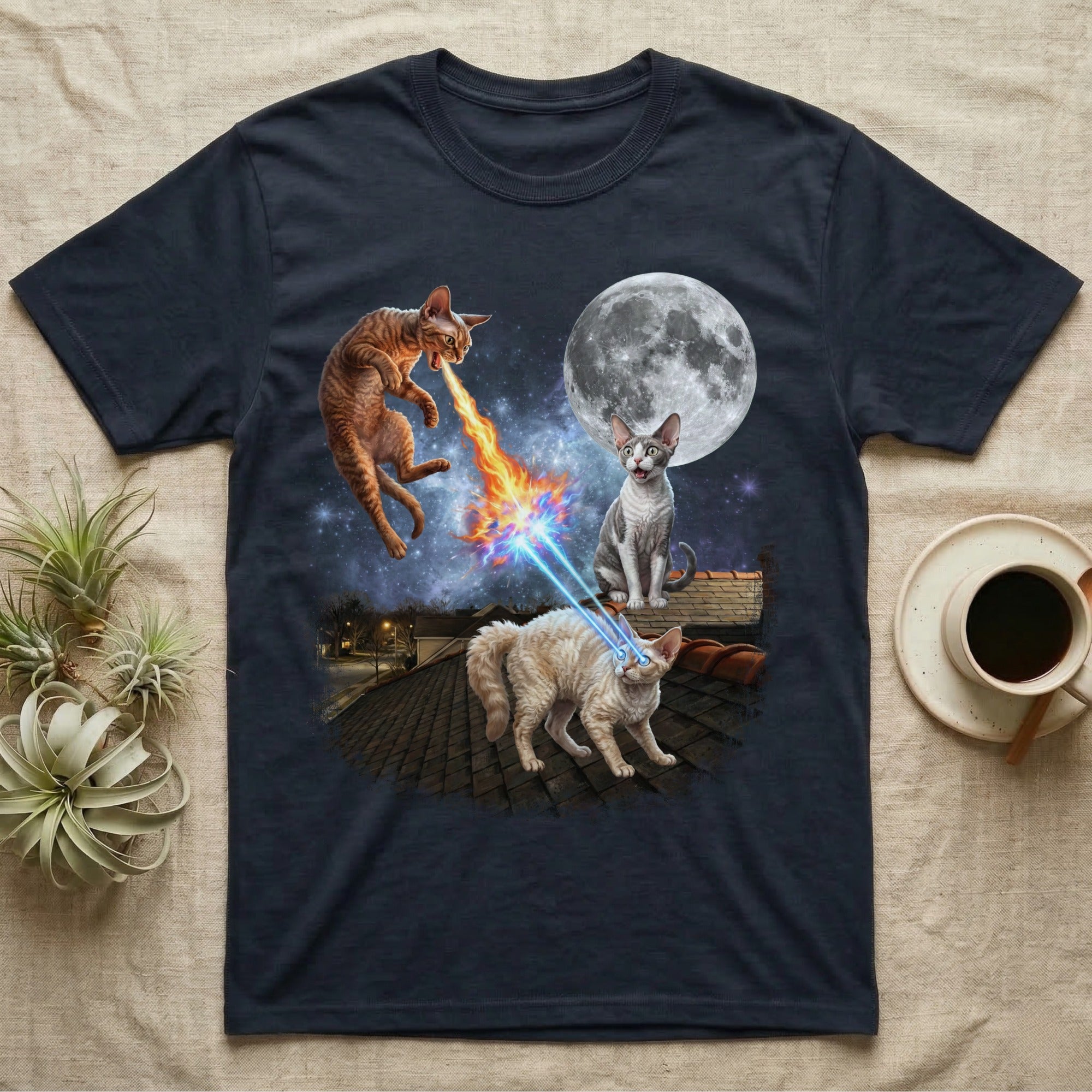 Two cats with laser eyes and fire attack the moon from a rooftop.