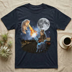 Two cats with laser eyes and fire blast on a rooftop under a full moon.