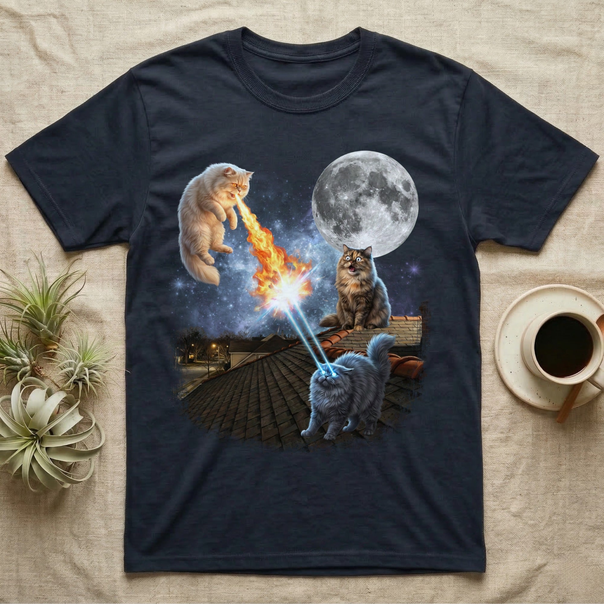Two cats with laser eyes and fire blast on a rooftop under a full moon.