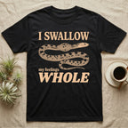 Corn Snake Lump T-Shirt in Black — Cream scale-mosaic corn snake on black with an oval bulge behind its neck under cream words: I SWALLOW my feelings WHOLE