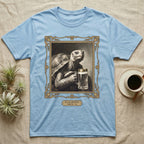 Slow Sipping Tortoise T-Shirt in Light Blue — Old-master oil portrait of a dignified tortoise holding a beer stein with a brass "Slow Sipping Since '76" plaque.