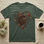 Green t-shirt with a brown lizard and floral heart design.