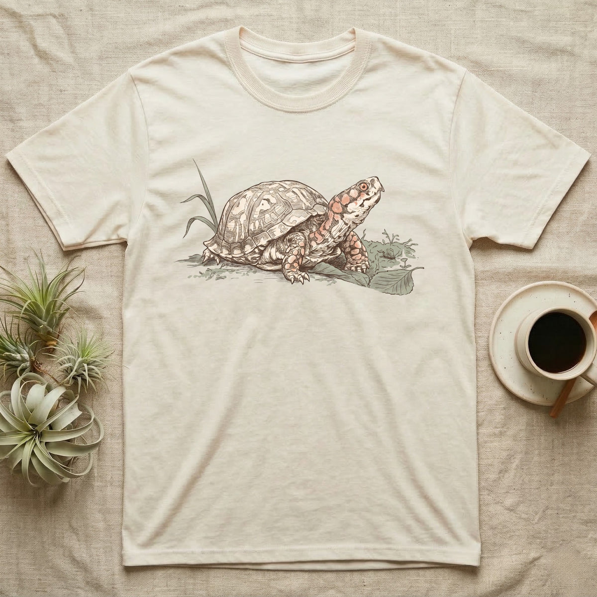 Box Turtle Shell T-Shirt in Natural — Naturalist-plate illustration of a box turtle with its shell shown as living body, above a serif welfare creed caption.