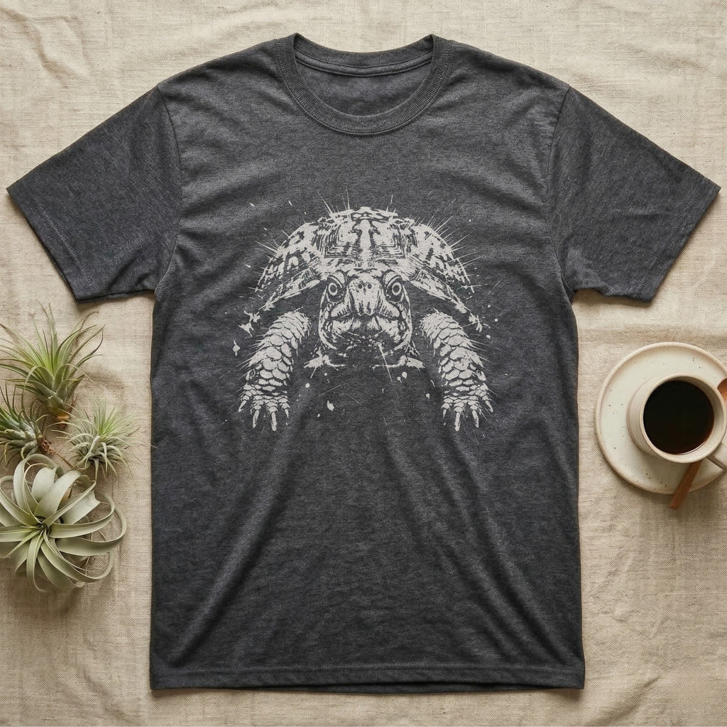 Box Turtle Face Macro T-Shirt in Dark Heather — Eastern box turtle face in extreme close-up, crushed to one pale ink on black with two round eye holes.