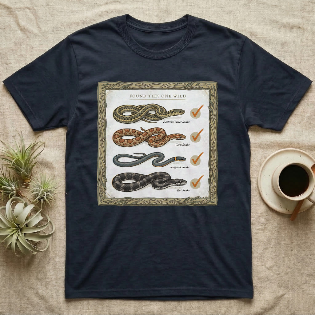 Native Snake Life List T-Shirt in Navy — Vintage field-guide life list of native snakes drawn as small specimens with tally checkmarks beside each.