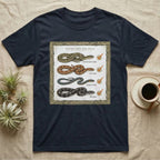 Native Snake Life List T-Shirt in Navy — Vintage field-guide life list of native snakes drawn as small specimens with tally checkmarks beside each.