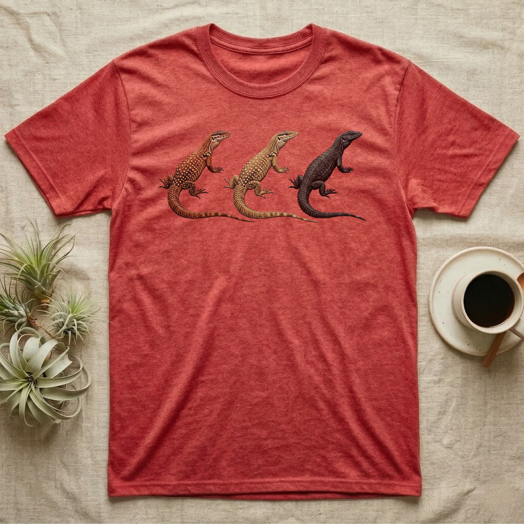 Ackie Monitor Triptych T-Shirt in Heather Red — Three ackie monitors in a row, painted in thick impasto — red, yellow and dark island forms with pale ocelli.