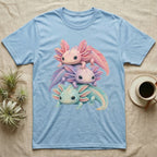 Light blue t-shirt featuring a stack of three cartoon axolotls.