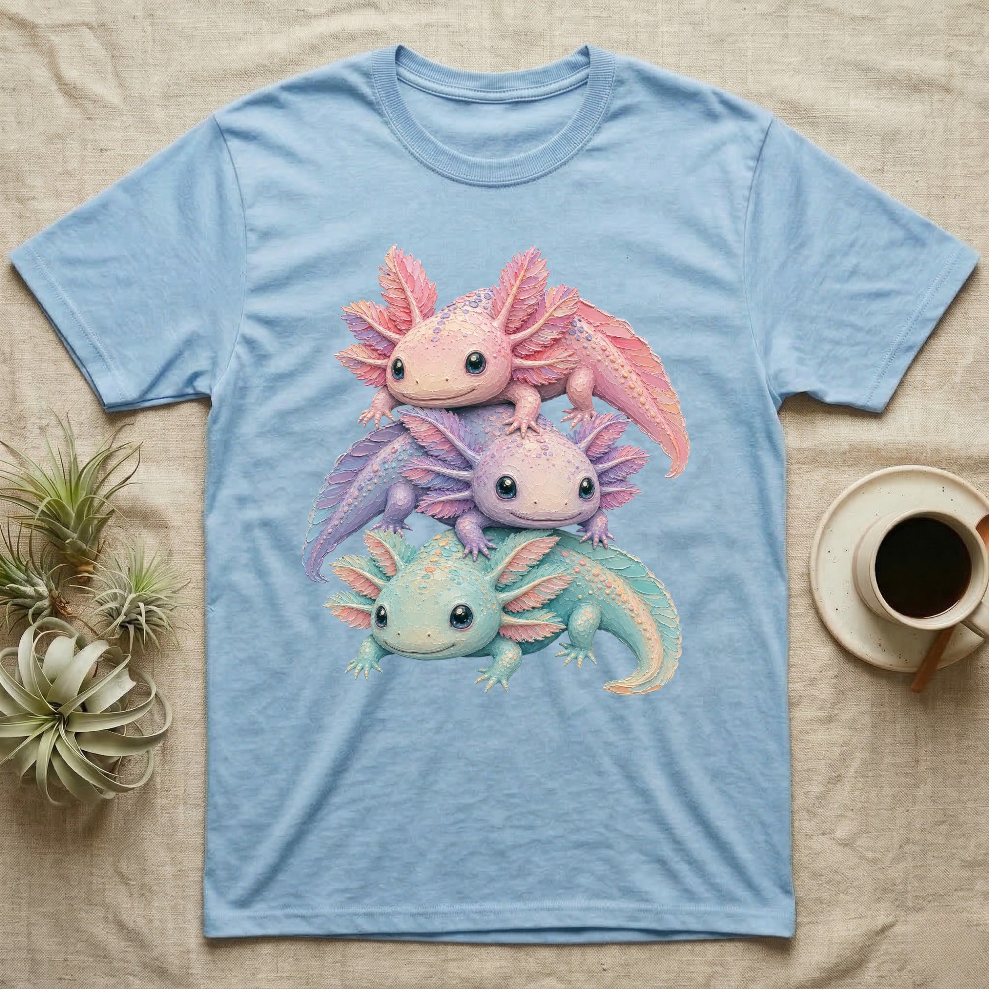 Light blue t-shirt featuring a stack of three cartoon axolotls.