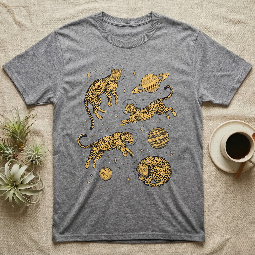 Grey t-shirt with four leaping and sleeping leopards among planets and stars.