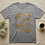 Grey t-shirt with four leaping and sleeping leopards among planets and stars.