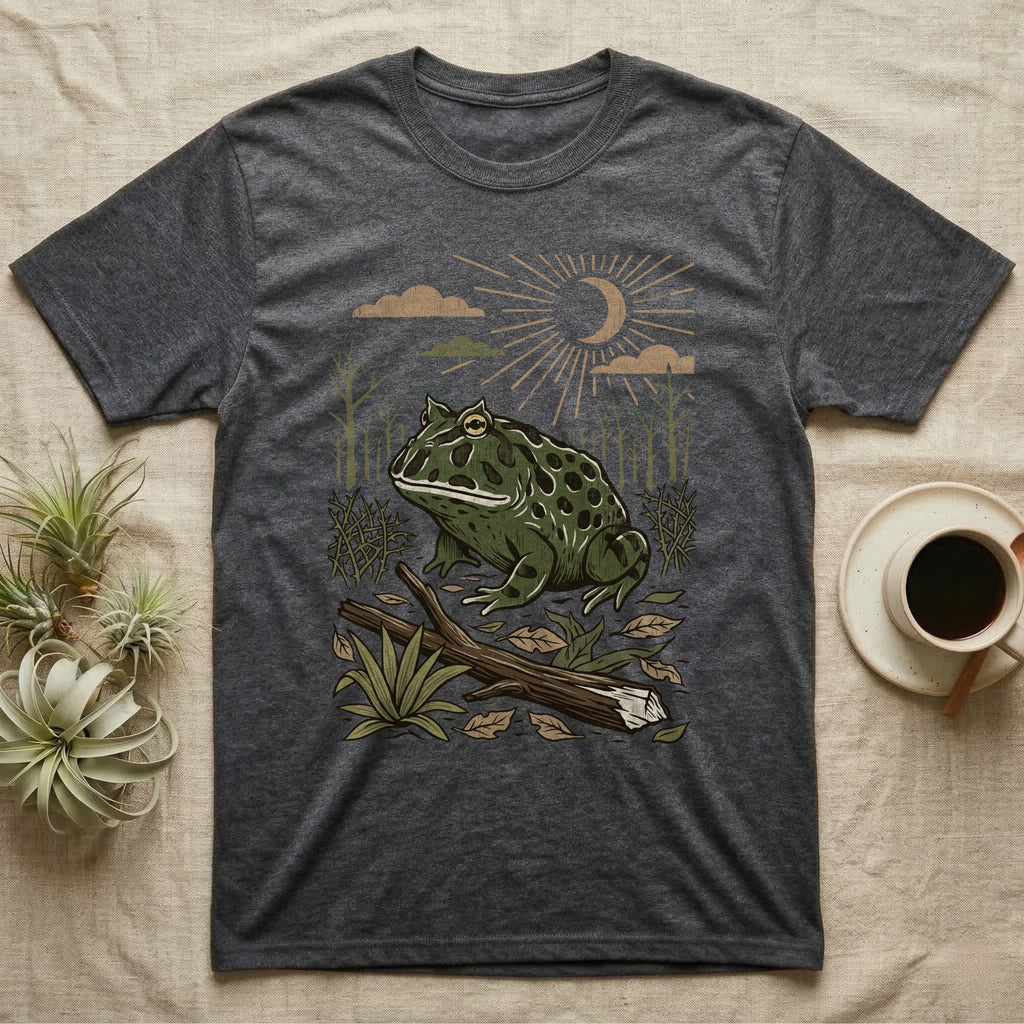 Pacman Frog Home Range T-Shirt in Dark Heather — Woodcut-style illustration of a pacman frog sitting on the Chaco forest floor among fallen branches and thorn scrub, no on-shirt text.