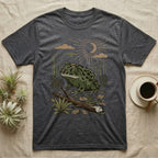 Pacman Frog Home Range T-Shirt in Dark Heather — Woodcut-style illustration of a pacman frog sitting on the Chaco forest floor among fallen branches and thorn scrub, no on-shirt text.