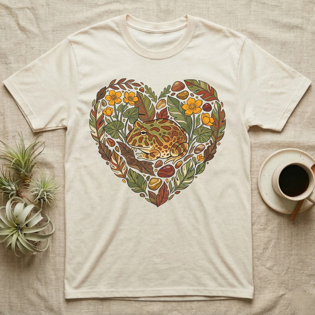 Cream t-shirt with heart-shaped floral and frog graphic.