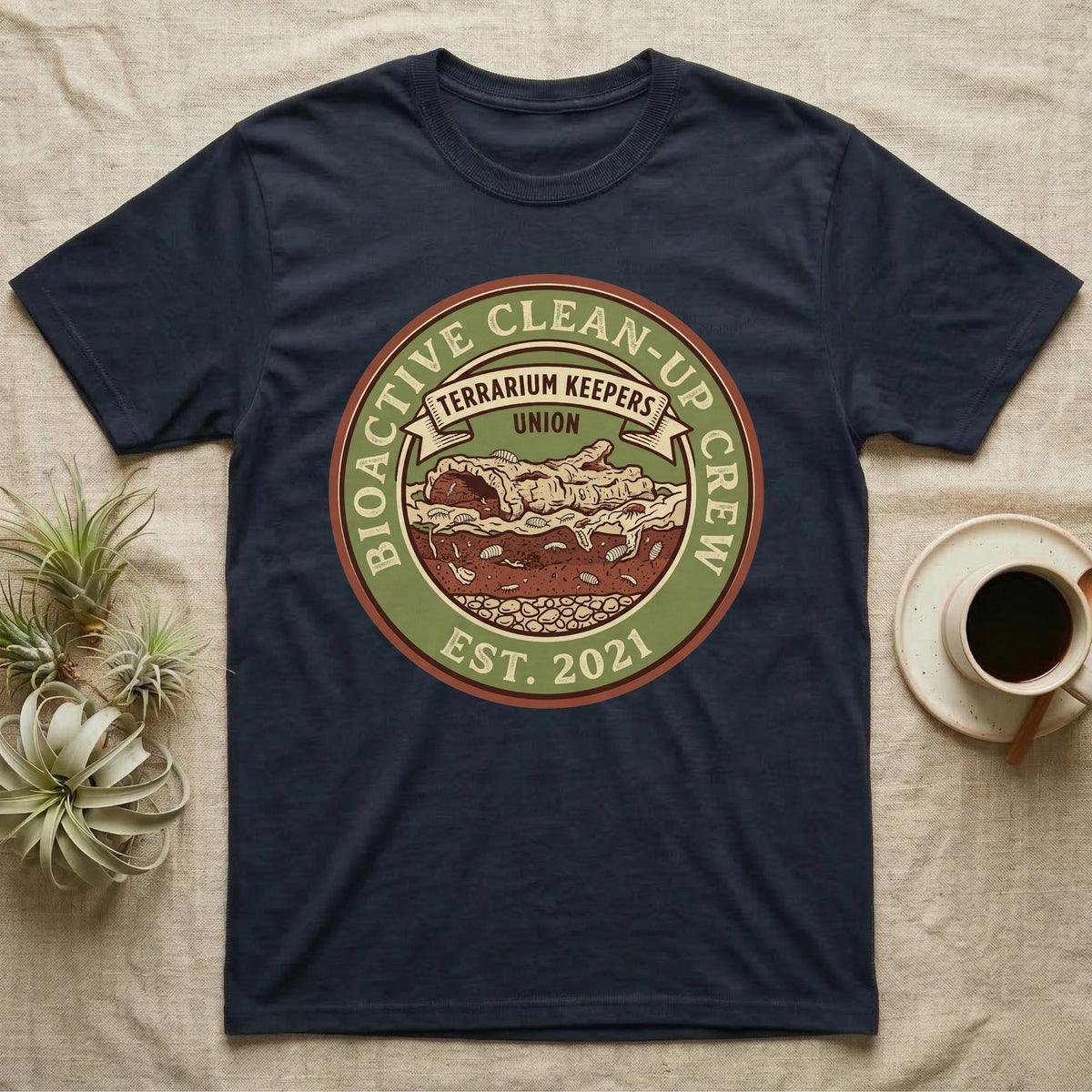 Isopod Terrarium Keepers Union T-Shirt in Navy — Vintage union badge showing a cross-sectioned bioactive vivarium worked by isopods and springtails.