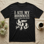 California Kingsnake Ate My Roommate T-Shirt in Black — One-ink white California kingsnake portrait on black, black-and-cream banding, under the words I ATE MY ROOMMATE and that is why I live alone.