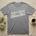 Terrarium Spotless House T-Shirt in Sport Grey — Retro script reading Enclosure Spotless with sparkles above grubby lettering reading House Isn't with a sock, cobweb and crumbs