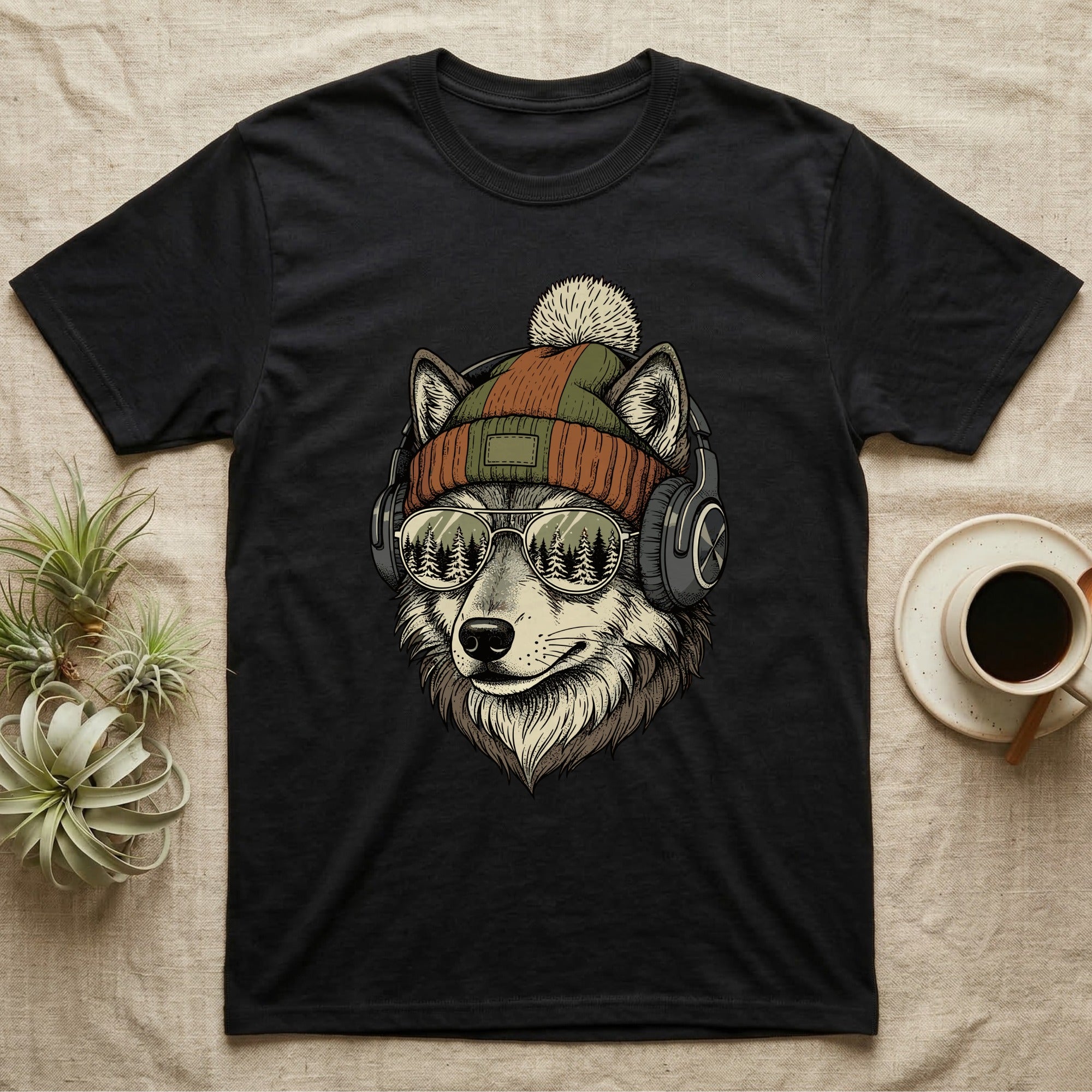 Black t-shirt with graphic of a wolf wearing headphones and a beanie.