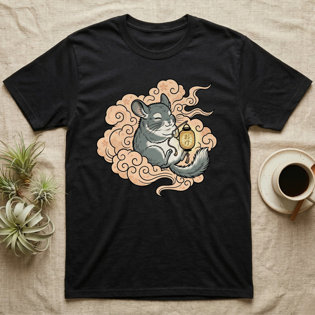 Black t-shirt with a chinchilla sitting on clouds holding a lantern.