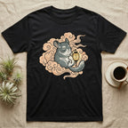 Black t-shirt with a chinchilla sitting on clouds holding a lantern.
