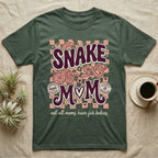 Green t-shirt with "Snake Mom" text and stylized snakes.