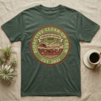 Isopod Terrarium Keepers Union T-Shirt in Military Green — Vintage union badge showing a cross-sectioned bioactive vivarium worked by isopods and springtails.