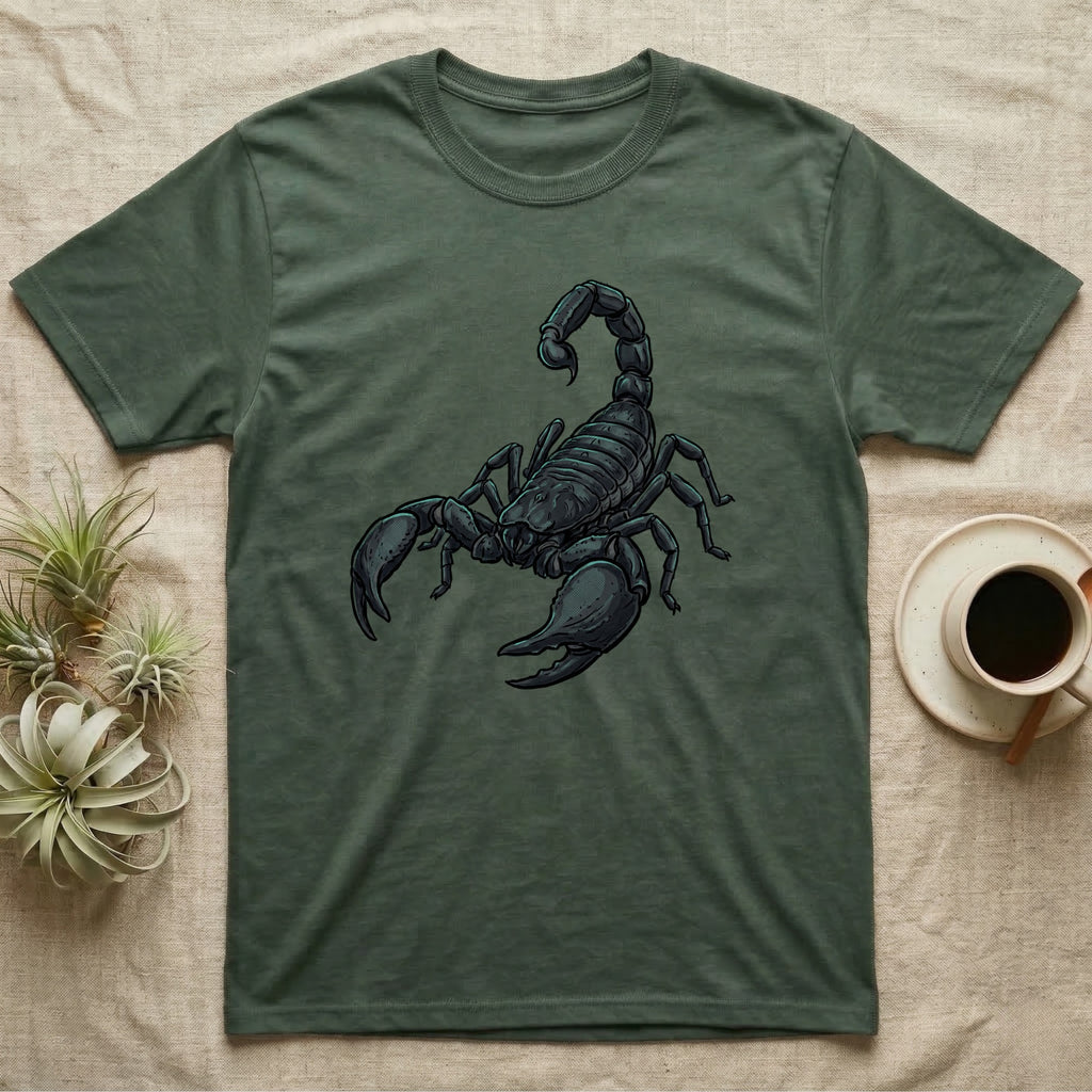 Glowing Emperor Scorpion T-Shirt in Military Green — Bold flat illustration of an emperor scorpion traced with a glowing blacklight-teal UV rim on a grey background.