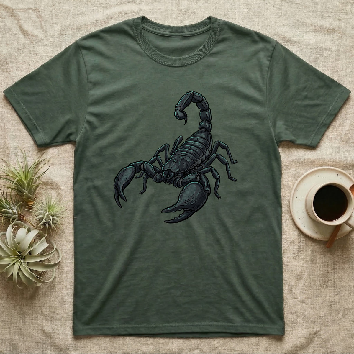 Glowing Emperor Scorpion T-Shirt in Military Green — Bold flat illustration of an emperor scorpion traced with a glowing blacklight-teal UV rim on a grey background.