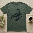 Glowing Emperor Scorpion T-Shirt in Military Green — Bold flat illustration of an emperor scorpion traced with a glowing blacklight-teal UV rim on a grey background.